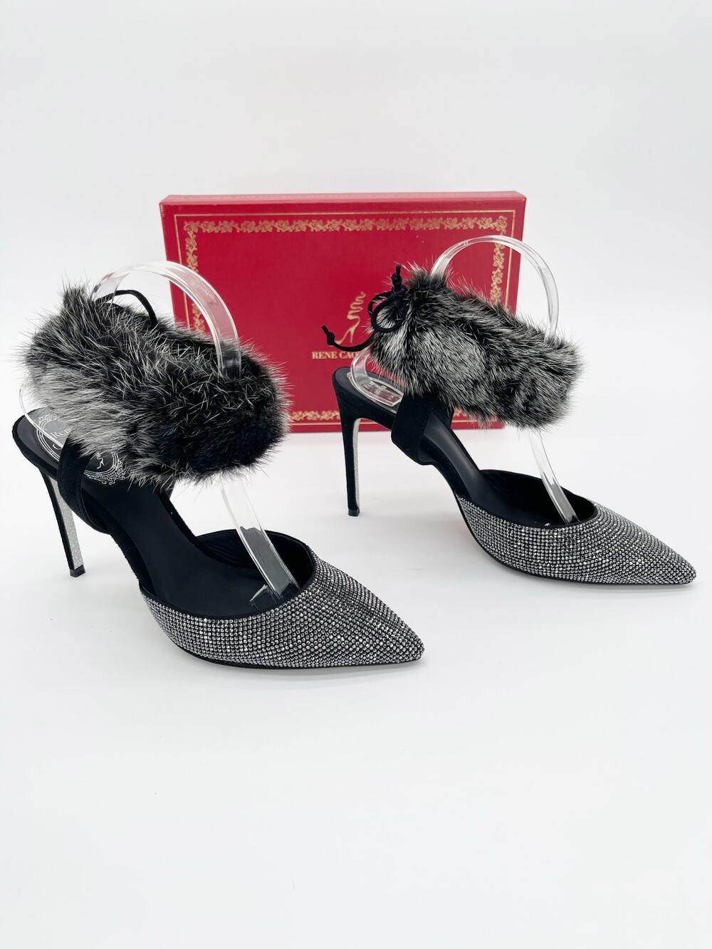Rene Caovilla Mink Fur Strass Ankle Strap Pointed Toe Heeled Pumps Black IT 38.5